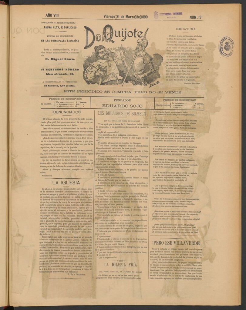 Miniatura de Don Quijote (Madrid) del 31 de marzo de 1899