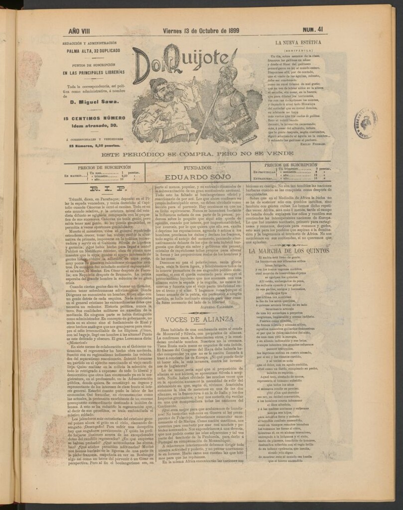 Miniatura de Don Quijote (Madrid) del 13 de octubre de 1899