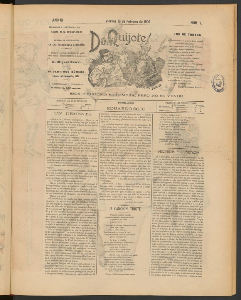 Miniatura de Don Quijote (Madrid) del 16 de febrero de 1900