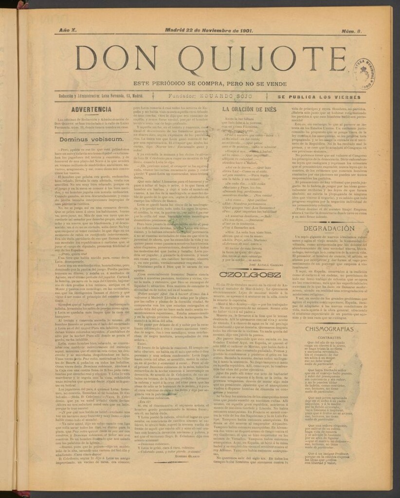 Miniatura de Don Quijote (Madrid) del 22 de noviembre de 1901