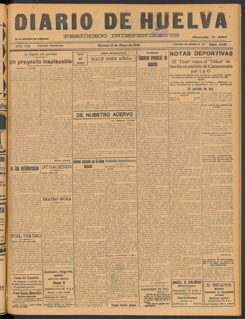 Miniatura de Diario de Huelva : periódico independiente del 22 de mayo de 1928