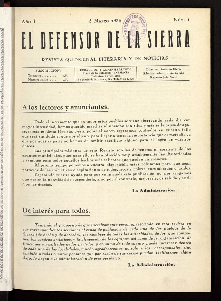 Miniatura de El defensor de la sierra: revista quincenal literaria y de noticias del 5 de marzo de 1933