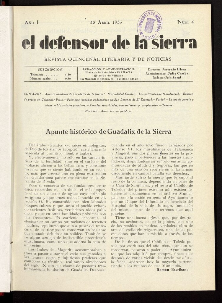 Miniatura de El defensor de la sierra: revista quincenal literaria y de noticias del 20 de abril de 1933