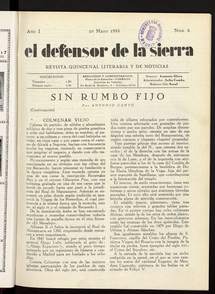Miniatura de El defensor de la sierra: revista quincenal literaria y de noticias del 20 de mayo de 1933