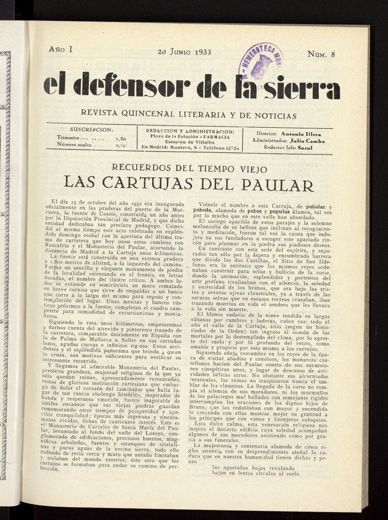 Miniatura de El defensor de la sierra: revista quincenal literaria y de noticias del 20 de junio de 1933