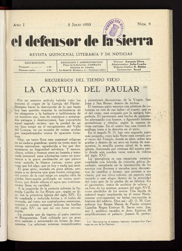 Miniatura de El defensor de la sierra: revista quincenal literaria y de noticias del 5 de julio de 1933