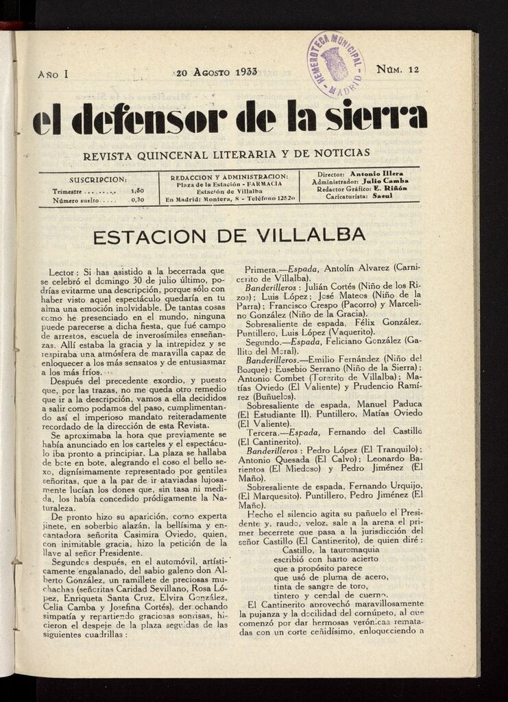 Miniatura de El defensor de la sierra: revista quincenal literaria y de noticias del 20 de agosto de 1933