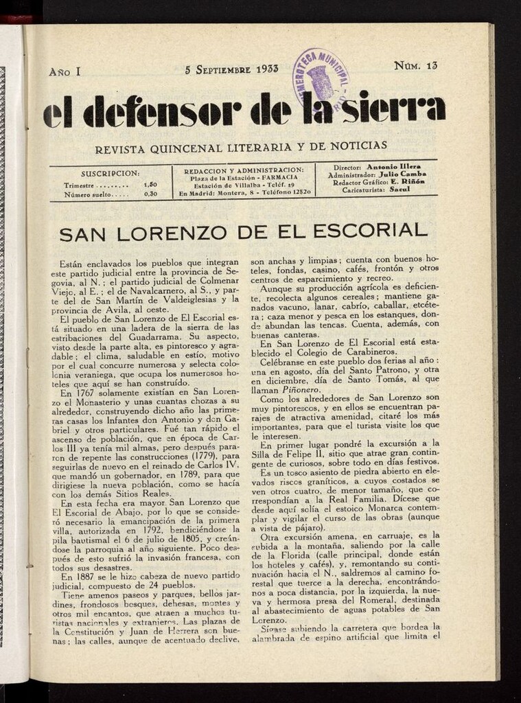 Miniatura de El defensor de la sierra: revista quincenal literaria y de noticias del 5 de septiembre de 1933