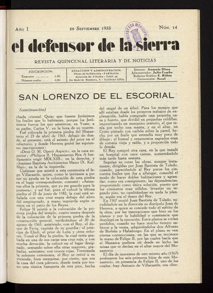 Miniatura de El defensor de la sierra: revista quincenal literaria y de noticias del 20 de septiembre de 1933