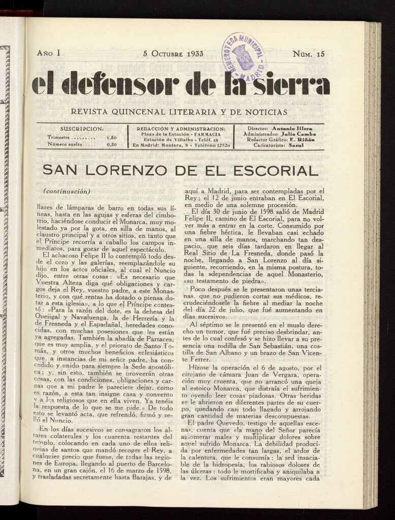 Miniatura de El defensor de la sierra: revista quincenal literaria y de noticias del 5  de octubre de 1933
