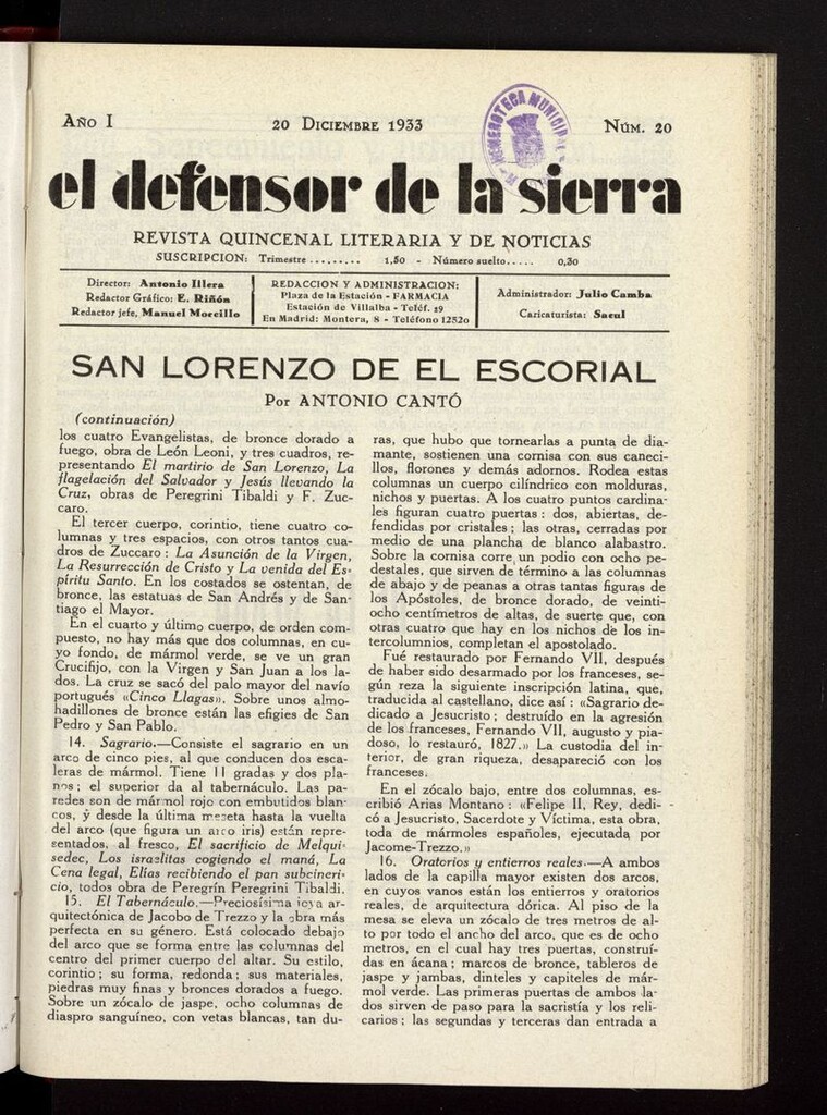 Miniatura de El defensor de la sierra: revista quincenal literaria y de noticias del 20 de diciembre de 1933