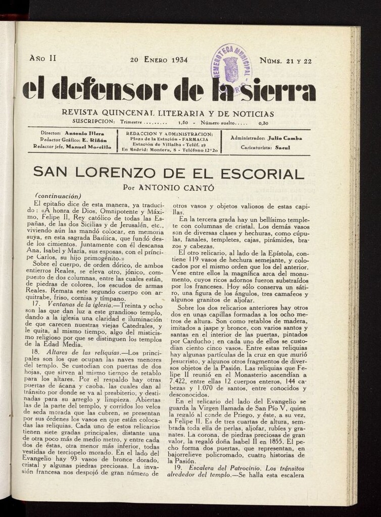 Miniatura de El defensor de la sierra: revista quincenal literaria y de noticias del 20 de enero de 1934