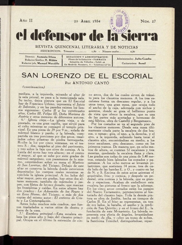 Miniatura de El defensor de la sierra: revista quincenal literaria y de noticias del 20 de abril de 1934