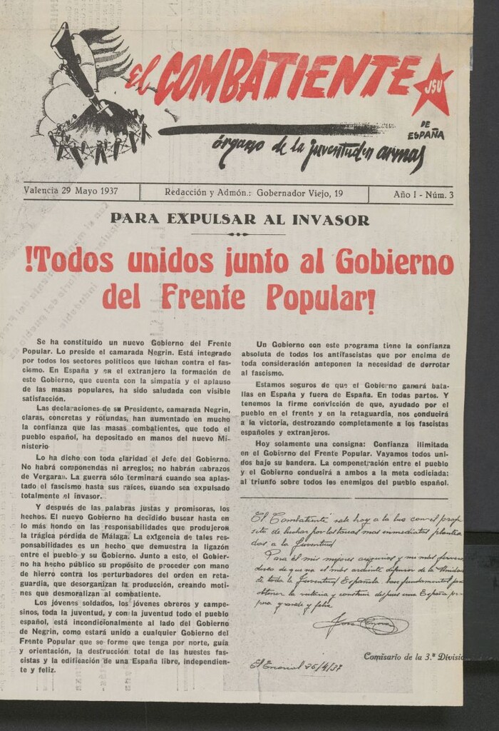 Miniatura de El Combatiente : órgano de la Juventud en Armas de España del 29 de mayo de 1937