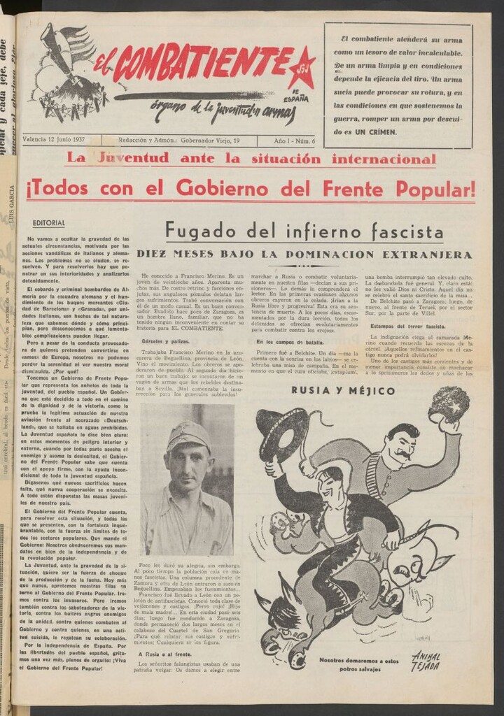 Miniatura de El Combatiente : órgano de la Juventud en Armas de España del 12 de junio de 1937