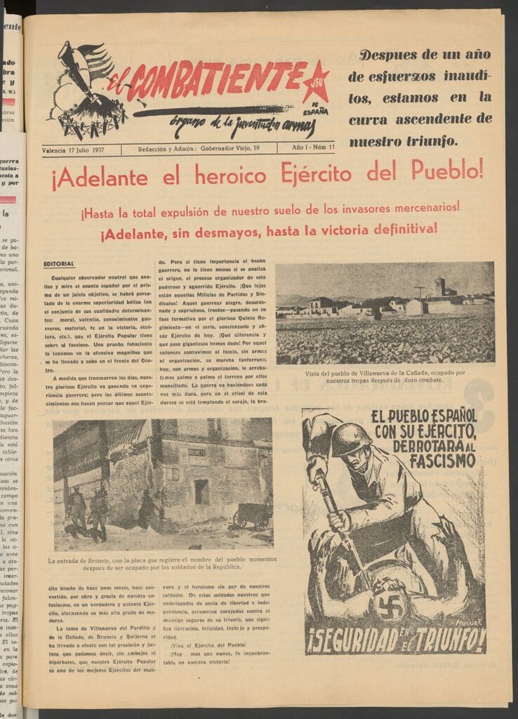 Miniatura de El Combatiente : órgano de la Juventud en Armas de España del 17 de julio de 1937
