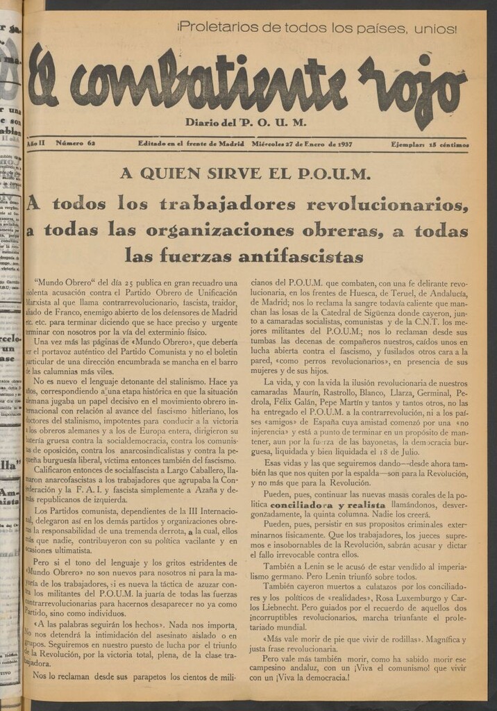 Miniatura de El Combatiente Rojo : diario del POUM del 27 de enero de 1937