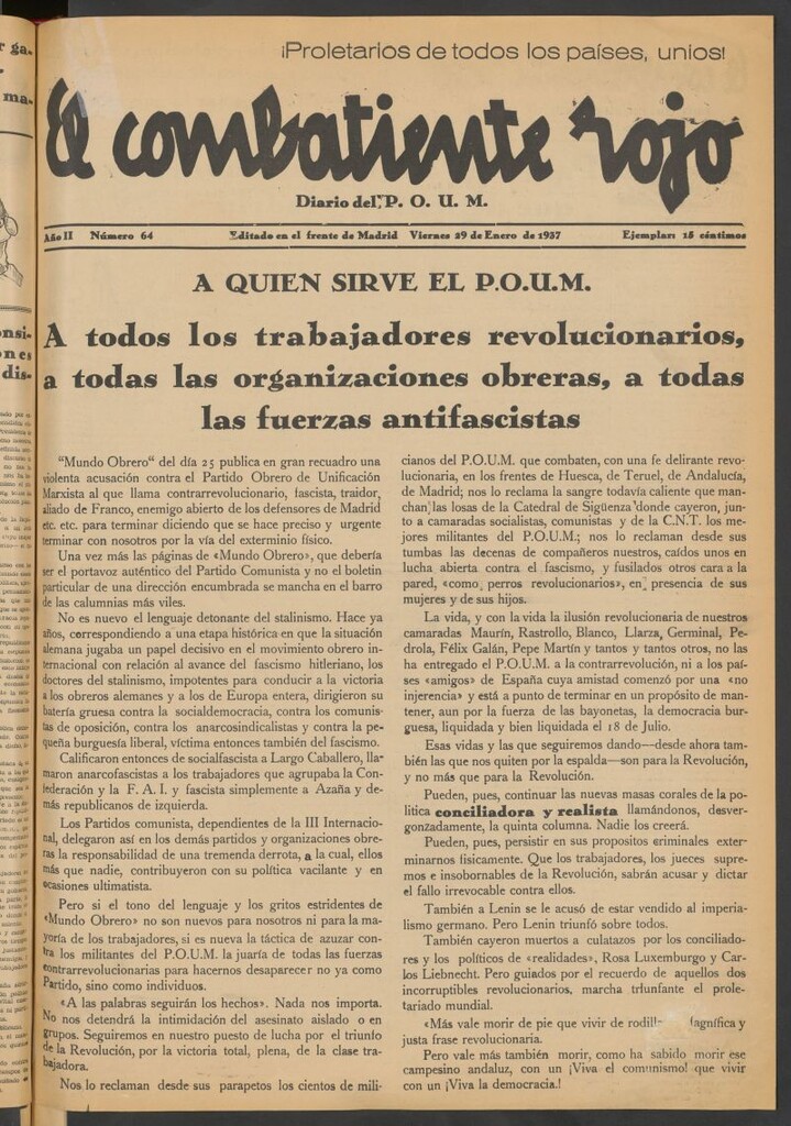 Miniatura de El Combatiente Rojo : diario del POUM del 29 de enero de 1937