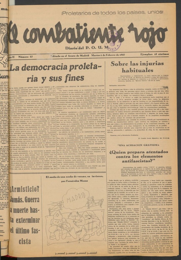 Miniatura de El Combatiente Rojo : diario del POUM del 2 de febrero de 1937