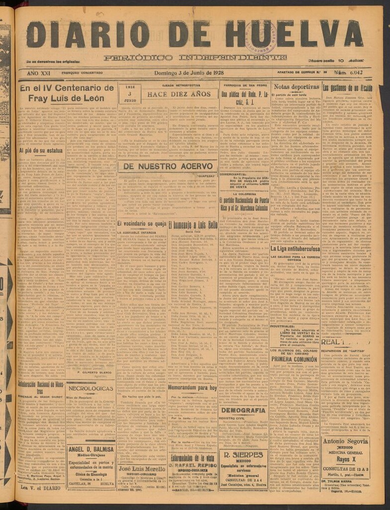 Miniatura de Diario de Huelva : periódico independiente del 3 de junio de 1928
