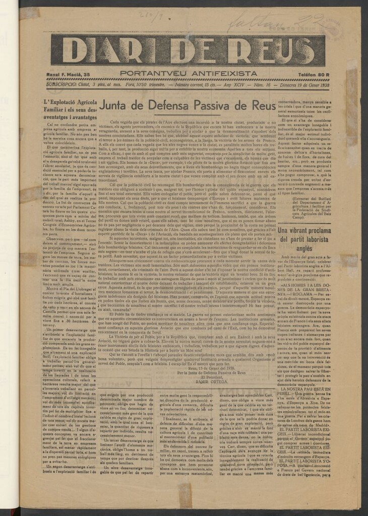 Miniatura de Diari de Reus : portantveu antifeixista, 19 de gener 1938