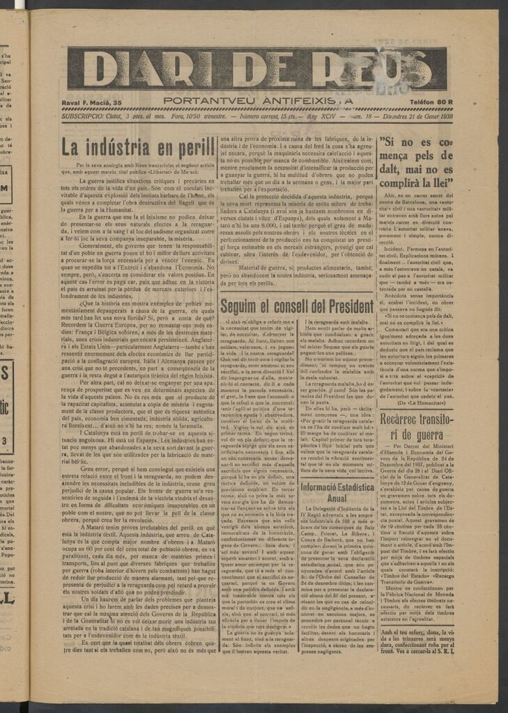 Miniatura de Diari de Reus : portantveu antifeixista, 21 de gener 1938