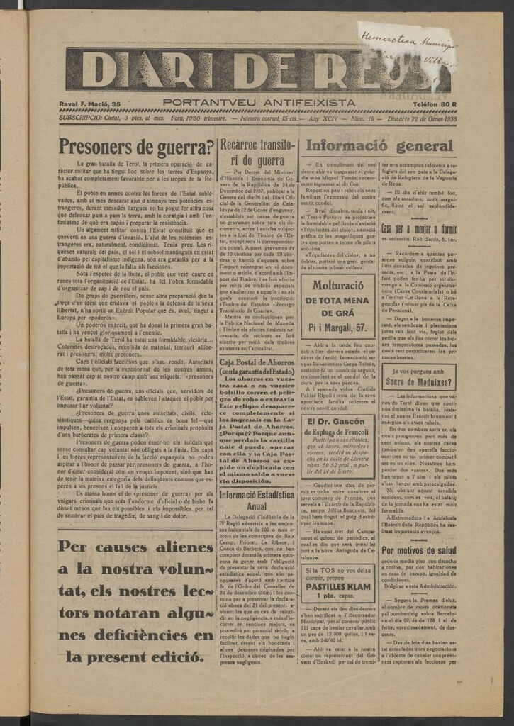 Miniatura de Diari de Reus : portantveu antifeixista, 22 de gener 1938