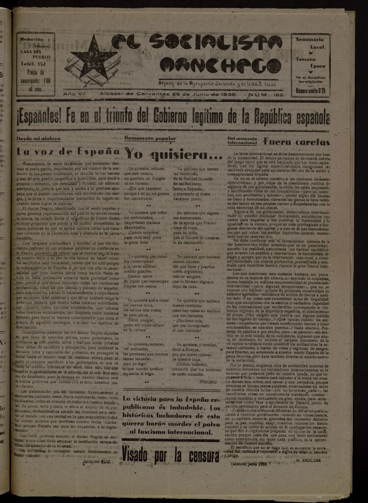 Miniatura de El socialista manchego : órgano de la Agrupación Socialista y de la U.G.T. local del 26 de junio de 1938