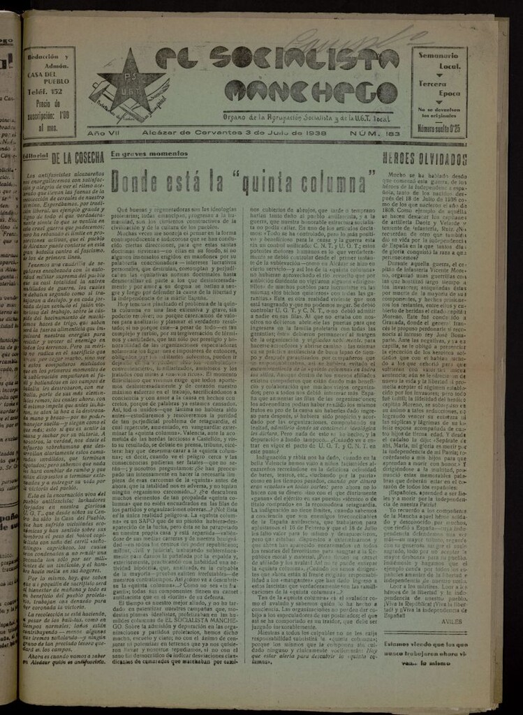Miniatura de El socialista manchego : órgano de la Agrupación Socialista y de la U.G.T. local del 3 de julio de 1938