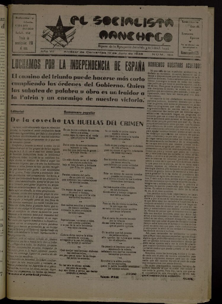 Miniatura de El socialista manchego : órgano de la Agrupación Socialista y de la U.G.T. local del 10 de julio de 1938