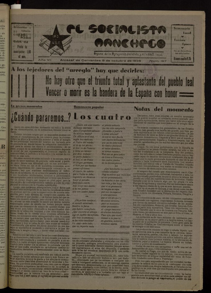 Miniatura de El socialista manchego : órgano de la Agrupación Socialista y de la U.G.T. local del 9 de octubre de 1938