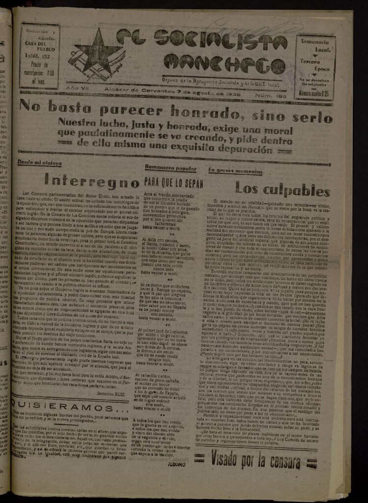 Miniatura de El socialista manchego : órgano de la Agrupación Socialista y de la U.G.T. local del 7 de agosto de 1938