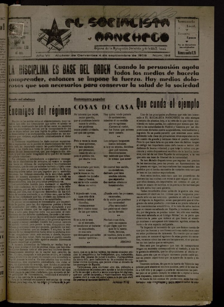 Miniatura de El socialista manchego : órgano de la Agrupación Socialista y de la U.G.T. local del 4 de septiembre de 1938
