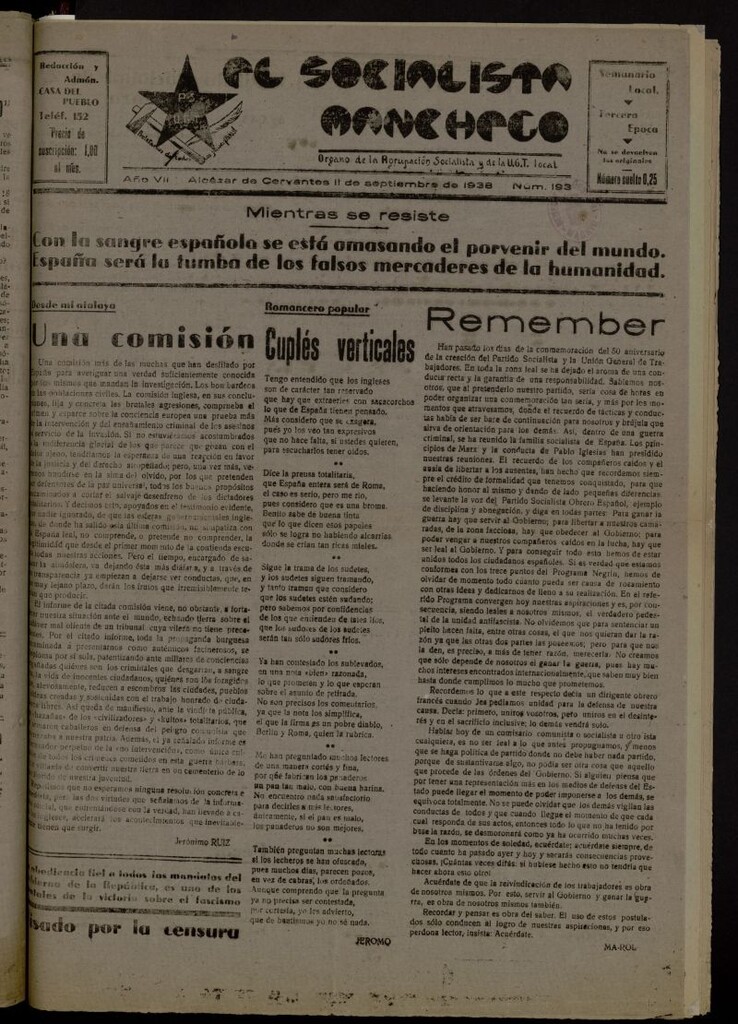 Miniatura de El socialista manchego : órgano de la Agrupación Socialista y de la U.G.T. local del 11 de septiembre de 1938