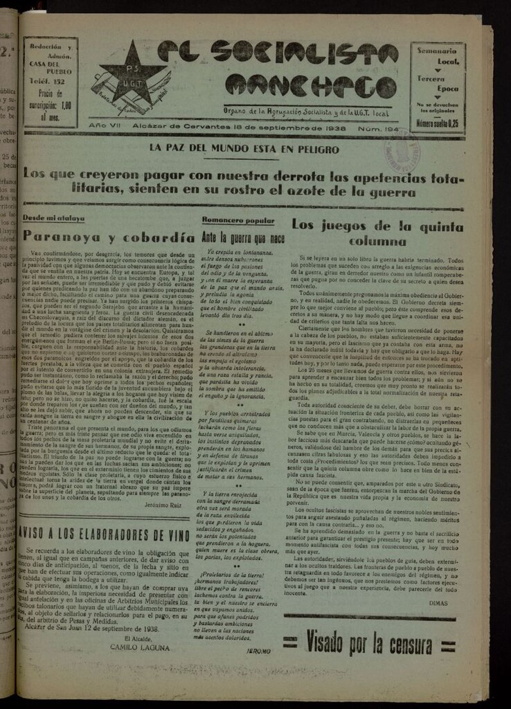 Miniatura de El socialista manchego : órgano de la Agrupación Socialista y de la U.G.T. local del 18 de septiembre de 1938