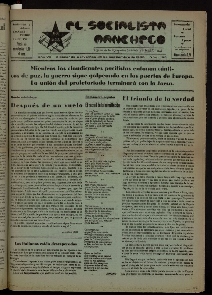 Miniatura de El socialista manchego : órgano de la Agrupación Socialista y de la U.G.T. local del 25 de septiembre de 1938