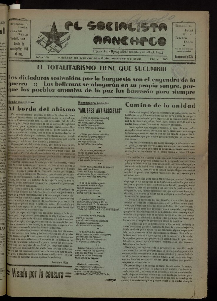 Miniatura de El socialista manchego : órgano de la Agrupación Socialista y de la U.G.T. local del 2 de octubre de 1938