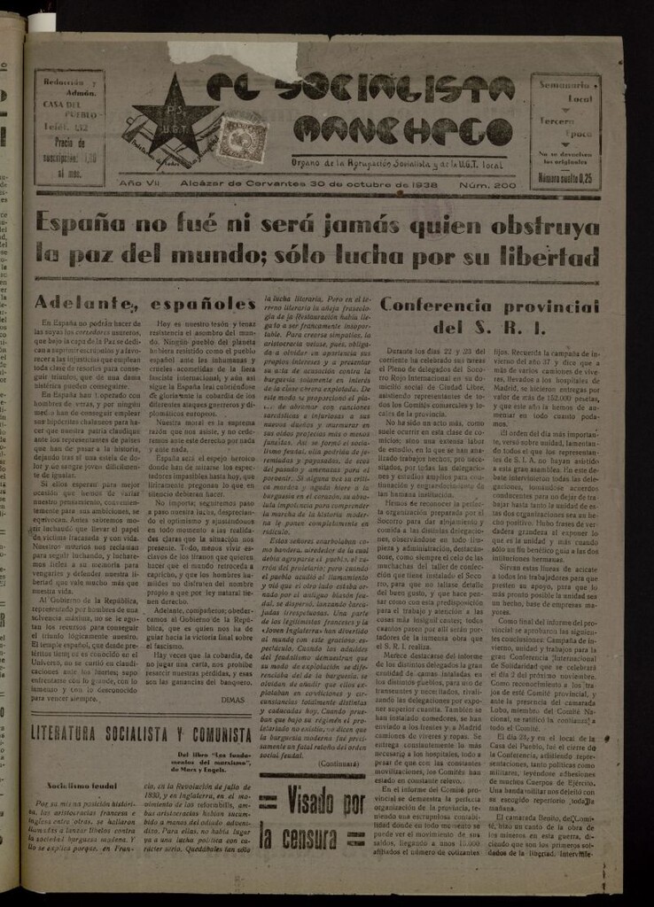 Miniatura de El socialista manchego : órgano de la Agrupación Socialista y de la U.G.T. local del 30 de octubre de 1938