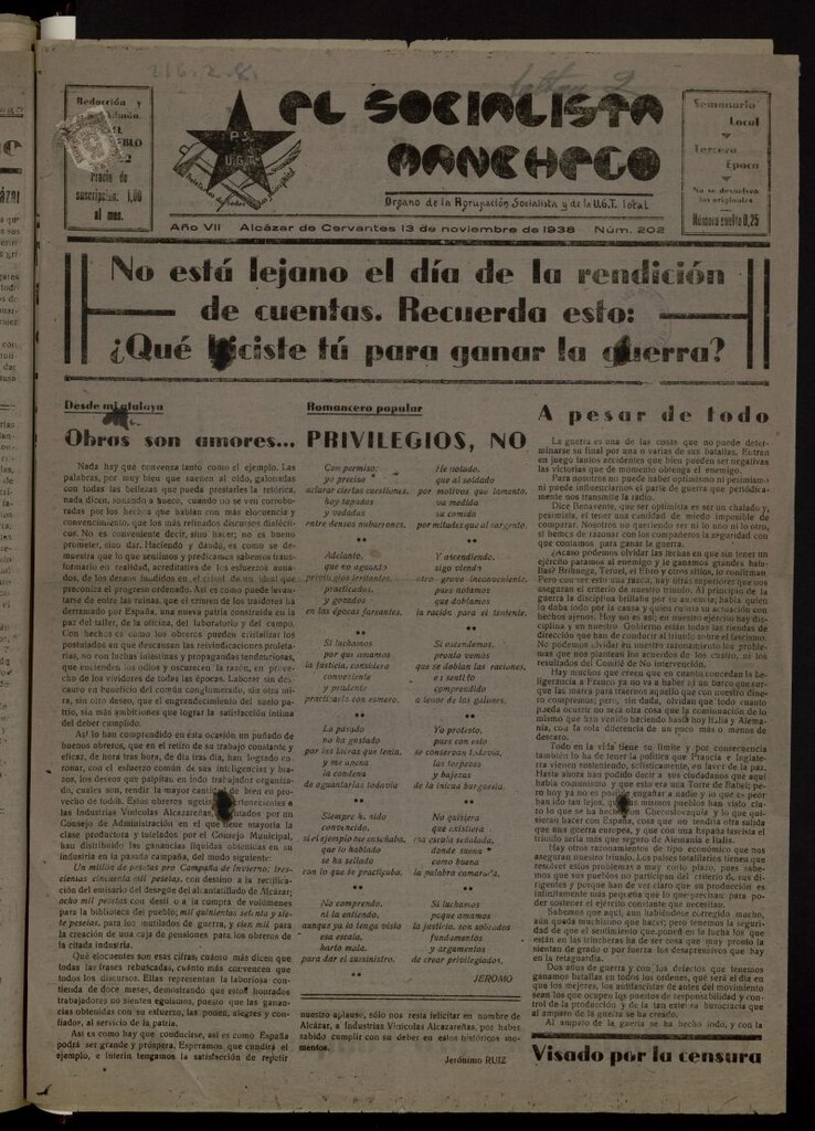 Miniatura de El socialista manchego : órgano de la Agrupación Socialista y de la U.G.T. local del 13 de noviembre de 1938