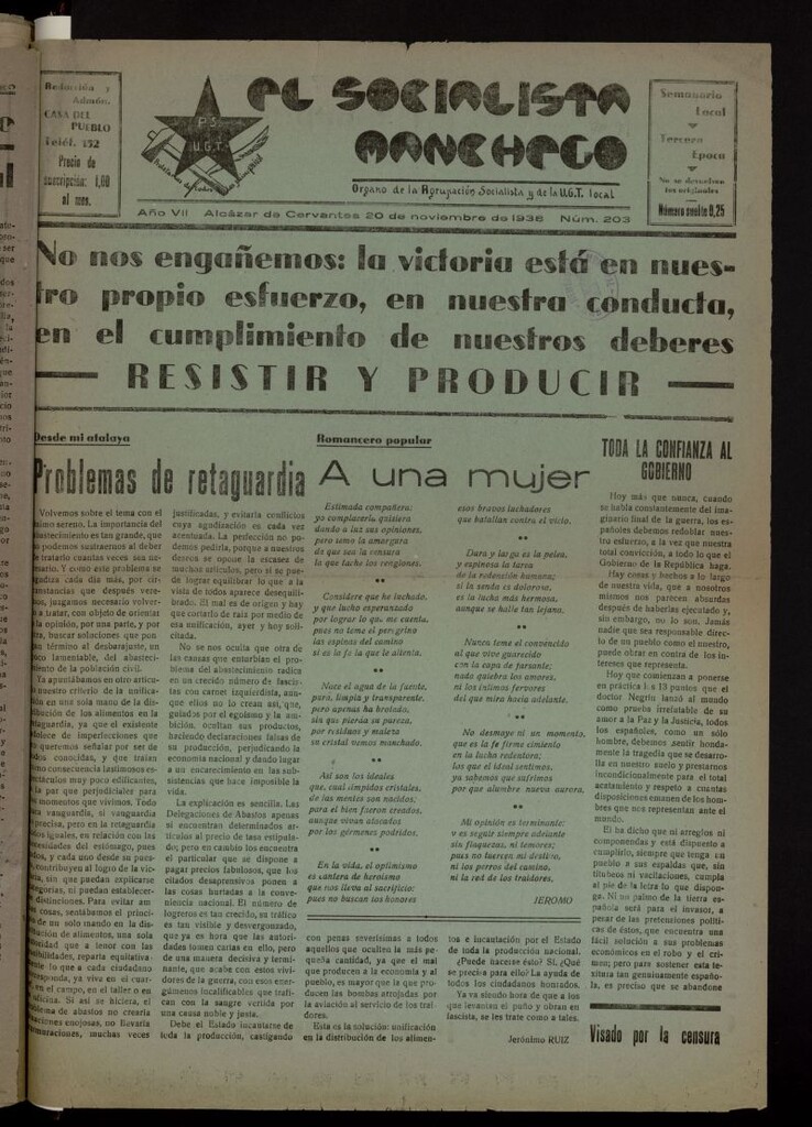 Miniatura de El socialista manchego : órgano de la Agrupación Socialista y de la U.G.T. local del 20 de noviembre de 1938
