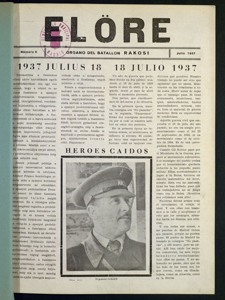 Miniatura de Elöre : órgano del batallón Rakosi de julio de 1937