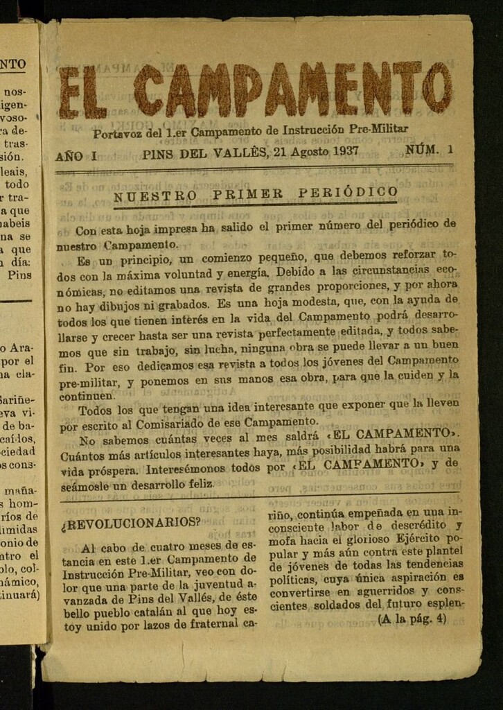 Miniatura de El Campamento : Portavoz del 1º Campamento de Instrucción Premilitar del 21 de agosto de 1937
