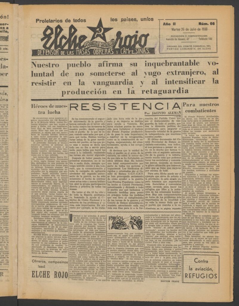 Miniatura de Elche rojo : semanario comunista : defensor de las masas obreras y campesinas : órgano del comité comarcal del Partido Comunista de Elche del 26 de julio de 1938