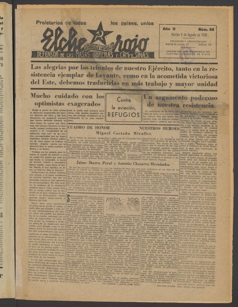 Miniatura de Elche rojo : semanario comunista : defensor de las masas obreras y campesinas : órgano del comité comarcal del Partido Comunista de Elche del 9 de agosto de 1938