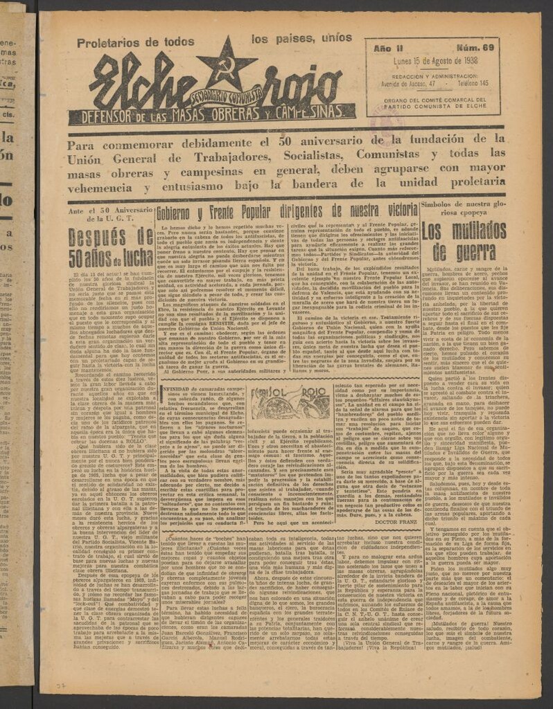 Miniatura de Elche rojo : semanario comunista : defensor de las masas obreras y campesinas : órgano del comité comarcal del Partido Comunista de Elche del 15 de agosto de 1938