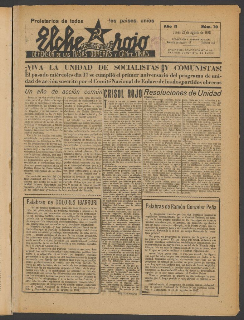 Miniatura de Elche rojo : semanario comunista : defensor de las masas obreras y campesinas : órgano del comité comarcal del Partido Comunista de Elche del 22 de agosto de 1938