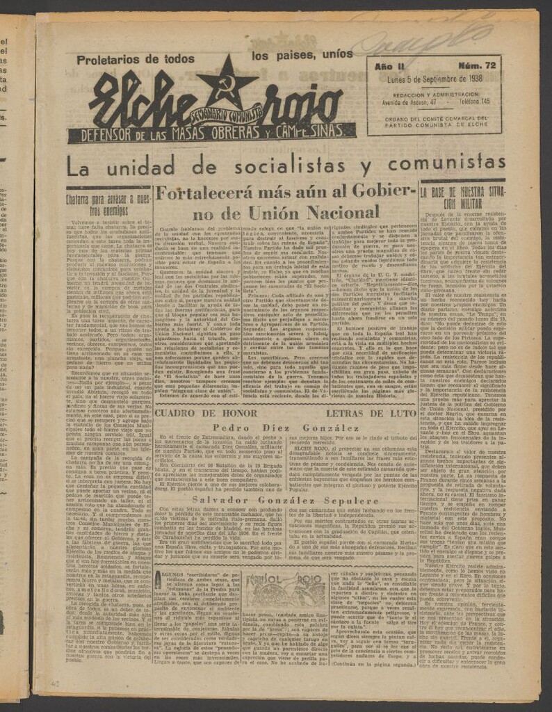Miniatura de Elche rojo : semanario comunista : defensor de las masas obreras y campesinas : órgano del comité comarcal del Partido Comunista de Elche del 5 de septiembre de 1938