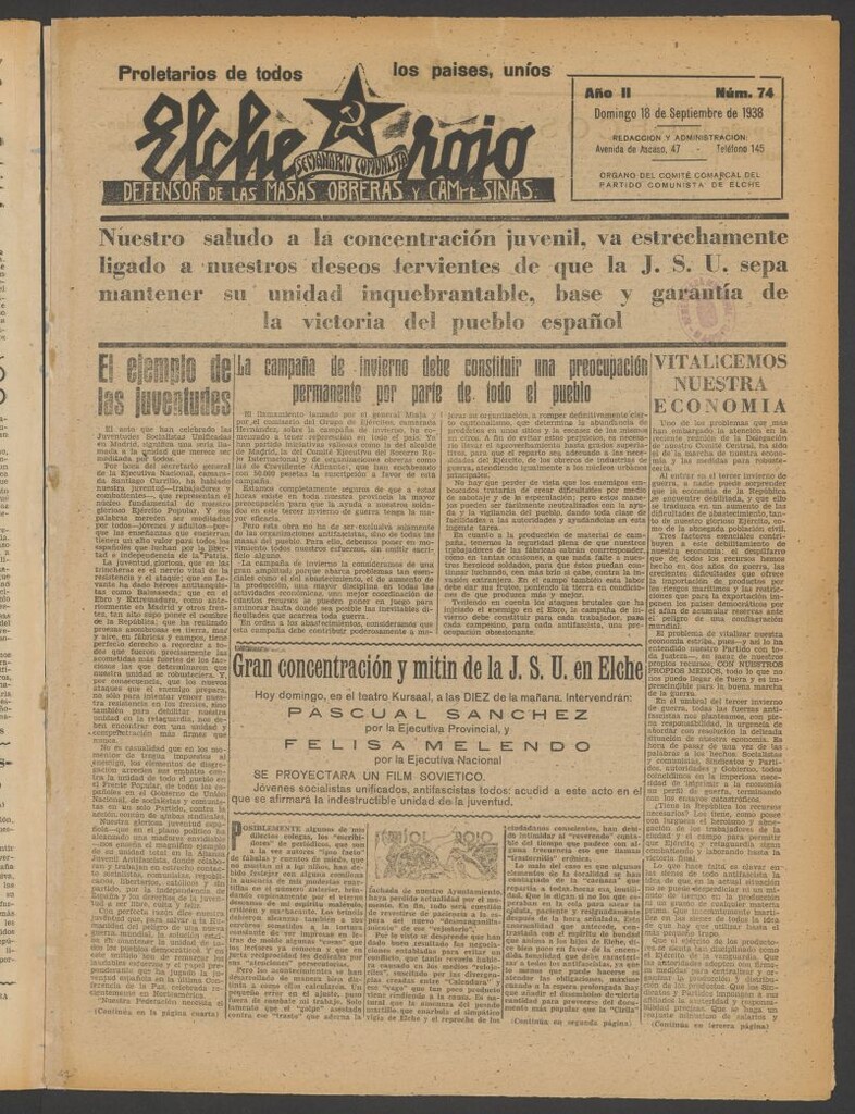 Miniatura de Elche rojo : semanario comunista : defensor de las masas obreras y campesinas : órgano del comité comarcal del Partido Comunista de Elche del 18 de septiembre de 1938
