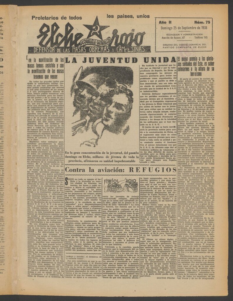 Miniatura de Elche rojo : semanario comunista : defensor de las masas obreras y campesinas : órgano del comité comarcal del Partido Comunista de Elche del 25 de septiembre de 1938