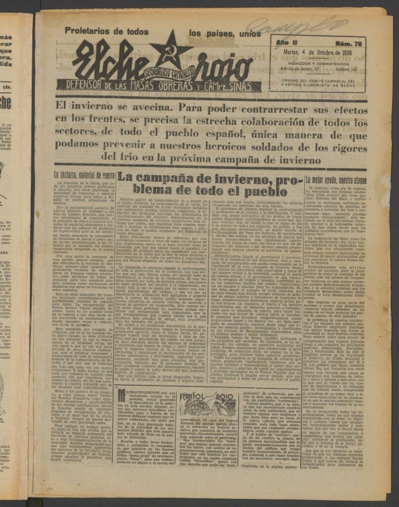 Miniatura de Elche rojo : semanario comunista : defensor de las masas obreras y campesinas : órgano del comité comarcal del Partido Comunista de Elche del 4 octubre 1938